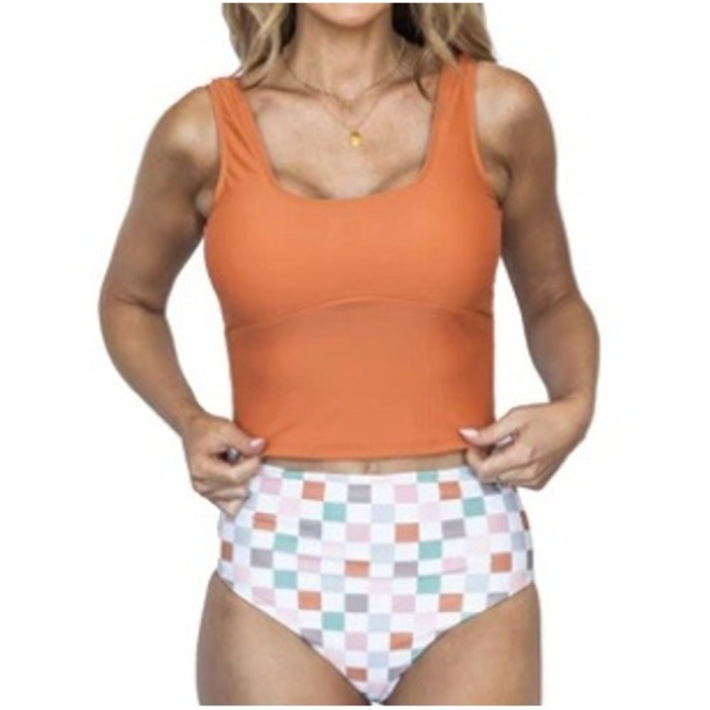 JANELA BAY High Cut Seamless Swim Bottoms Womens Large Multi Checkered